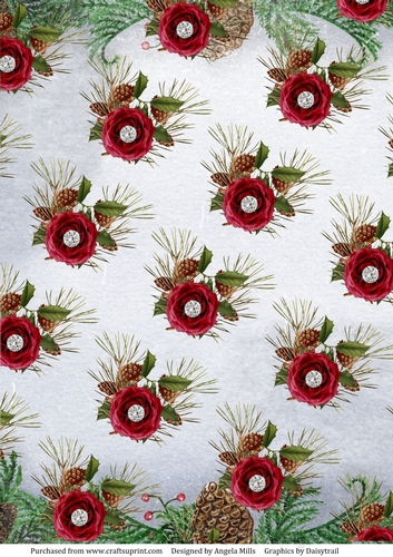 A4 Paper Christmas Red Floral/Holly/Pine Cones on Silver/Grey Background