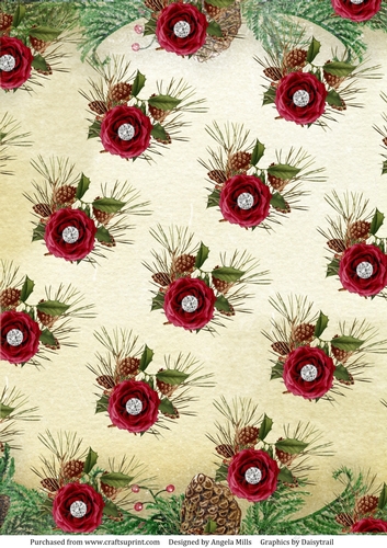 A4 Paper Christmas Red Floral/Holly/Pine Cones on Gold Background