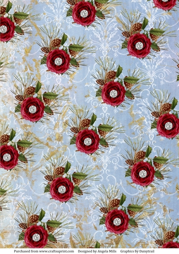 A4 Paper Christmas Red Floral/Holly/Pine Cones on Blue and Gold Marble Background