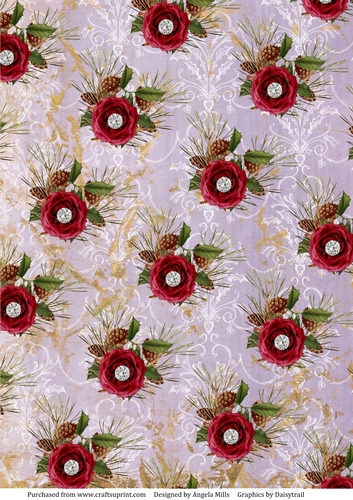 A4 Paper Christmas Red Floral/Holly/Pine Cones on Lilac and Gold Marble Background