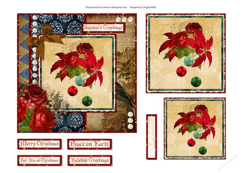 6 x 6 Card Front Christmas Poinsettias & Baubles with Toppers and Sentiments Red/Green/Gold