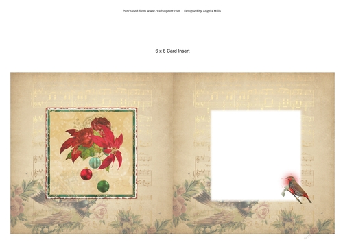6 x 6 Card Insert Christmas Poinsettias & Baubles on Gold Background, Blank