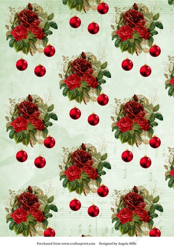 A4 Christmas Paper Red Floral/Baubles on Pale Green Background