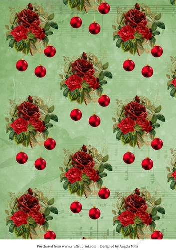 A4 Christmas Paper Red Floral/Baubles on Green Background