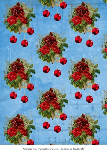 A4 Christmas Paper Red Floral/Baubles on Blue Background