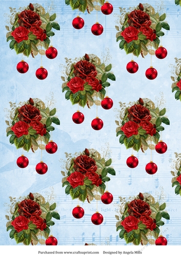 A4 Christmas Paper Red Floral/Baubles on Pale Blue Background