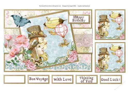 A5 Card Front Steampunk Couple/Airship/Hot Air Balloon with Toppers and Sentiments 