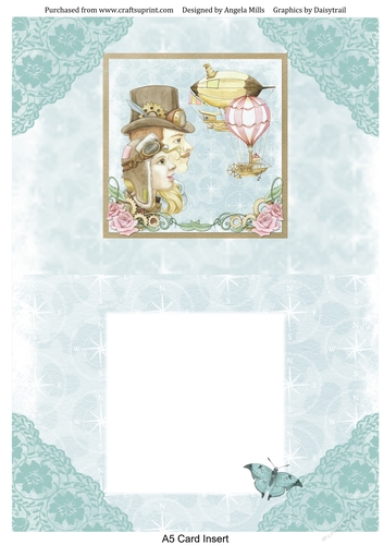A5 Card Insert Steampunk Couple/Airship/Hot Air Balloon on Blue Background, Blank