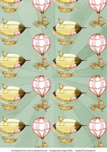 A4 Paper Steampunk Airships/Hot Air Balloons on Green Sunburst Background