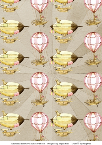 A4 Paper Steampunk Airships/Hot Air Balloons on Taupe Sunburst Background