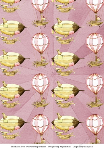 A4 Paper Steampunk Airships/Hot Air Balloons on Dusky Rose Sunburst Background