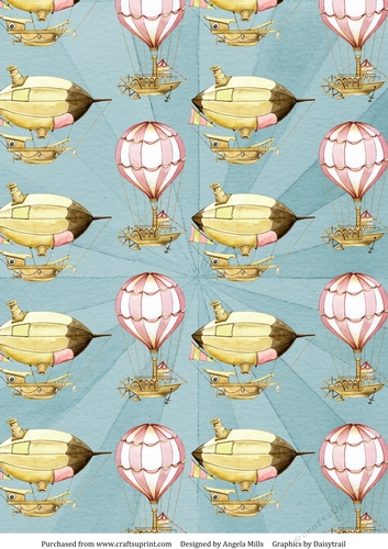 A4 Paper Steampunk Airships/Hot Air Balloons on Teal Sunburst Background
