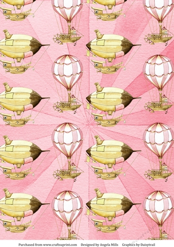 A4 Paper Steampunk Airships/Hot Air Balloons on Pink Sunburst Background