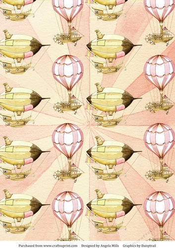 A4 Paper Steampunk Airships/Hot Air Balloons on Yellow Sunburst Background