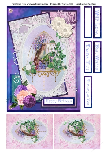 A5 Card Front Birdcage with Toppers and Sentiments. Lilac/Pink/Purple