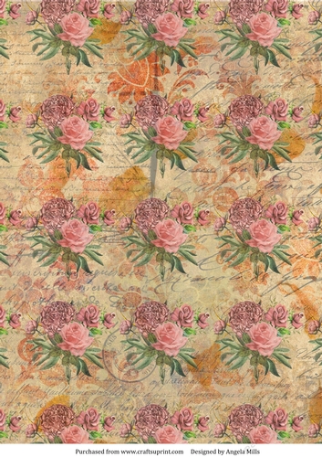 A4 Paper Vintage Roses on Butterscotch Ephemera Background