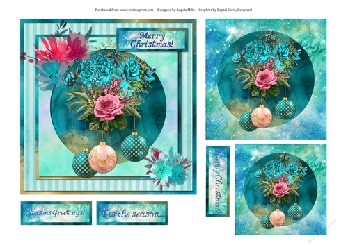 6 x 6 Card Front Shabby Christmas Bouquets/Baubles, Teal/Turquoise/Pink