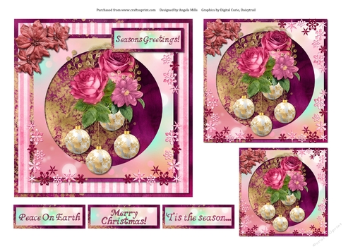 6 x 6 Card Front Shabby Christmas Bouquets/Baubles, Pink/Burgundy/Ivory