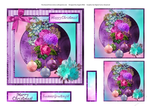6 x 6 Card Front Shabby Christmas Bouquets/Baubles, Lilac/Turquoise