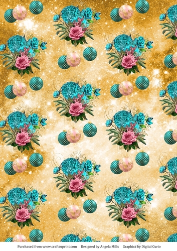 A4 Paper Shabby Chic Christmas Bouquets/Baubles, Turquoise/Pink/Gold