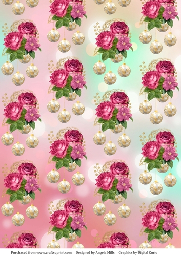 A4 Paper Shabby Chic Christmas Bouquets/Baubles, Rose/Ivory/Green