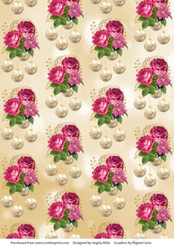 A4 Paper Shabby Chic Christmas Bouquets/Baubles, Rose/Ivory/Gold