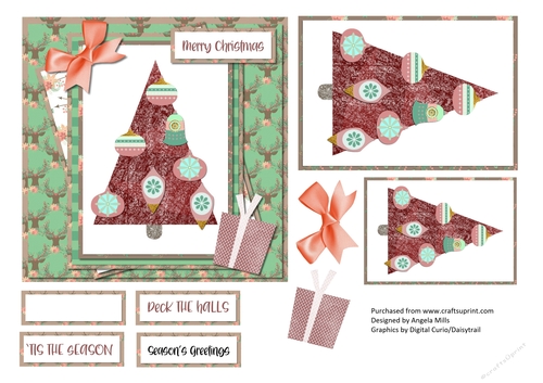 6 x 6 Card Front Papercraft Christmas Tree/Baubles Red/Green with Decoupage