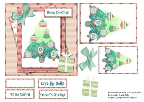 6 x 6 Card Front Papercraft Christmas Tree/Baubles Peach/Green with Decoupage