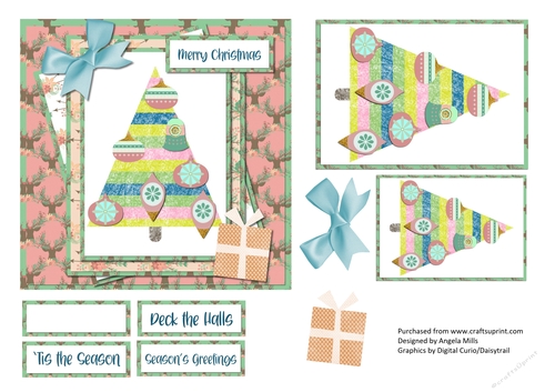 6 x 6 Card Front Papercraft Christmas Tree/Baubles Coral/Blue/Green with Decoupage