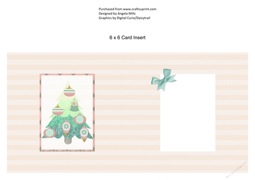 6 x 6 Card Insert Green Papercut Christmas Tree/Baubles on Peach Striped Background, Blank