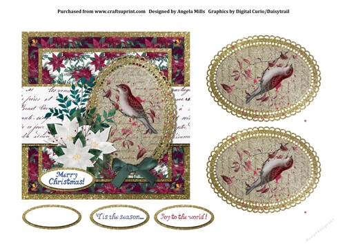 6 x 6 Card Front Christmas Bird/Poinsettias, Burgundy/White/Gold