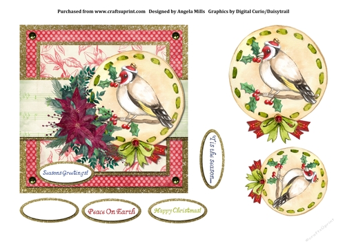 6 x 6 Card Front Red/Green Christmas Bird/Poinsettias