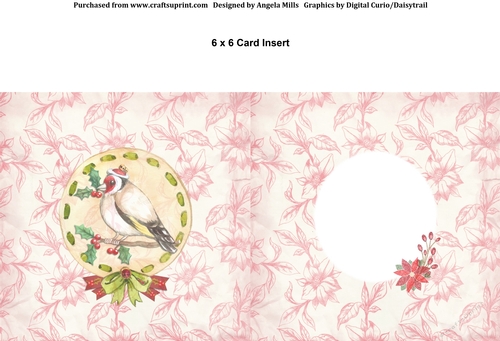 6 x 6 Card Insert Red/Green Christmas Bird/Poinsettias on Floral Background