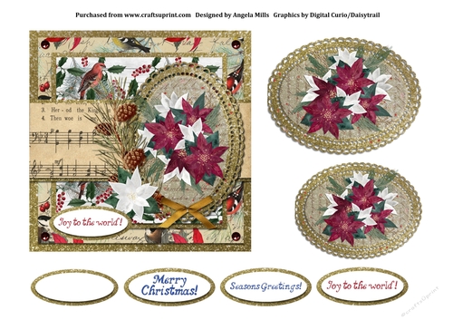 6 x 6 Card Front Christmas Poinsettias Burgundy/Gold/White