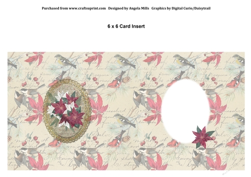 6 x 6 Card Insert Christmas Poinsettias Burgundy/Gold/White on Ivory/Red Floral Background
