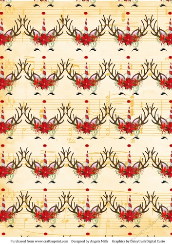 A4 Paper Cute Christmas Reindeer Pattern on Pale Yellow Music Sheet Background
