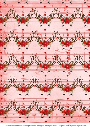 A4 Paper Cute Christmas Reindeer Pattern on Pink Music Sheet Background