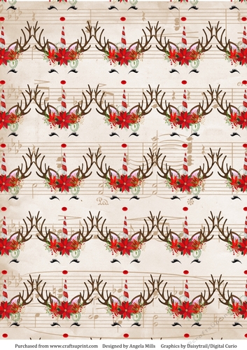 A4 Paper Cute Christmas Reindeer Pattern on Pale Taupe Music Sheet Background