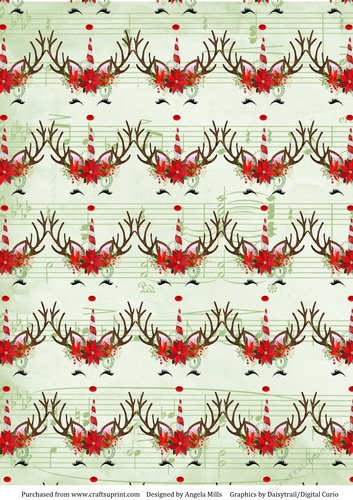 A4 Paper Cute Christmas Reindeer Pattern on Pale Green Music Sheet Background