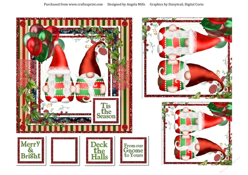 6 x 6 Card Front Cute Christmas Gnomes, Red/Green with Toppers and Sentiments