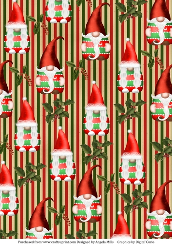 A4 Paper Red/Green Cute Christmas Gnomes on Red/Green/Tan Striped Background