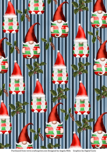 A4 Paper Red/Green Cute Christmas Gnomes on Blue Striped Background
