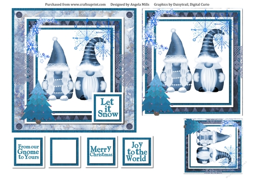 6 x 6 Card Front Cute Christmas Gnomes, Blue/White with Toppers and Sentiments