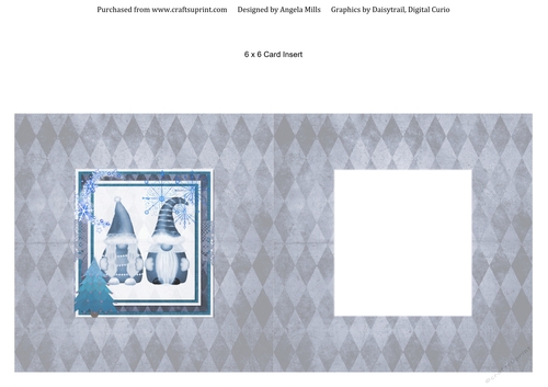 6 x 6 Card Insert Cute Blue/White Christmas Gnomes on Grey Harlequin Background, Blank