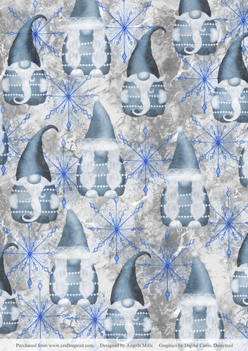 A4 Paper Blue/White Cute Christmas Gnomes on Silvery Grey/Blue Snowflake Background