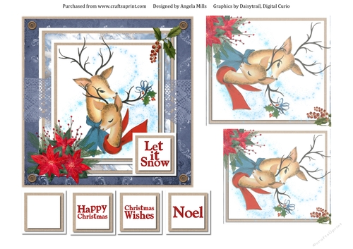 6 x 6 Card Front Cute Christmas Reindeer/Poinsettias, Blue/Red/White with Toppers and Sentiments