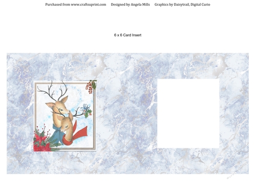 6 x 6 Card Insert Cute Christmas Reindeer/Poinsettias on Grey/Blue Background