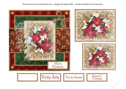 6 x 6 Card Front Christmas Burlap with Snowy Poinsettias Red/Green/Kraft