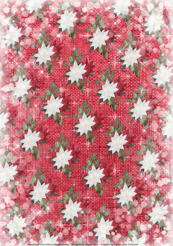 A4 Paper Red/White Snowy Christmas Poinsettias on Starry Red Burlap Background
