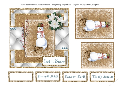 6 x 6 Card Front Christmas Snowman/White Poinsettias, White/Kraft